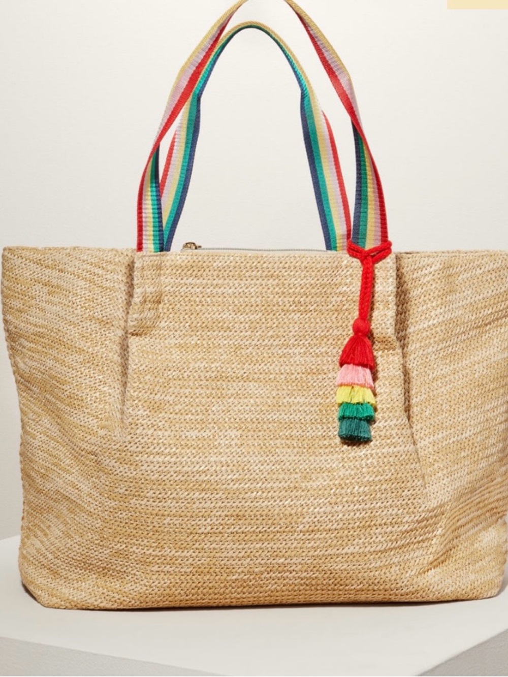 Stella & Dot Natural Straw Tote with Rainbow Straps and Tassel